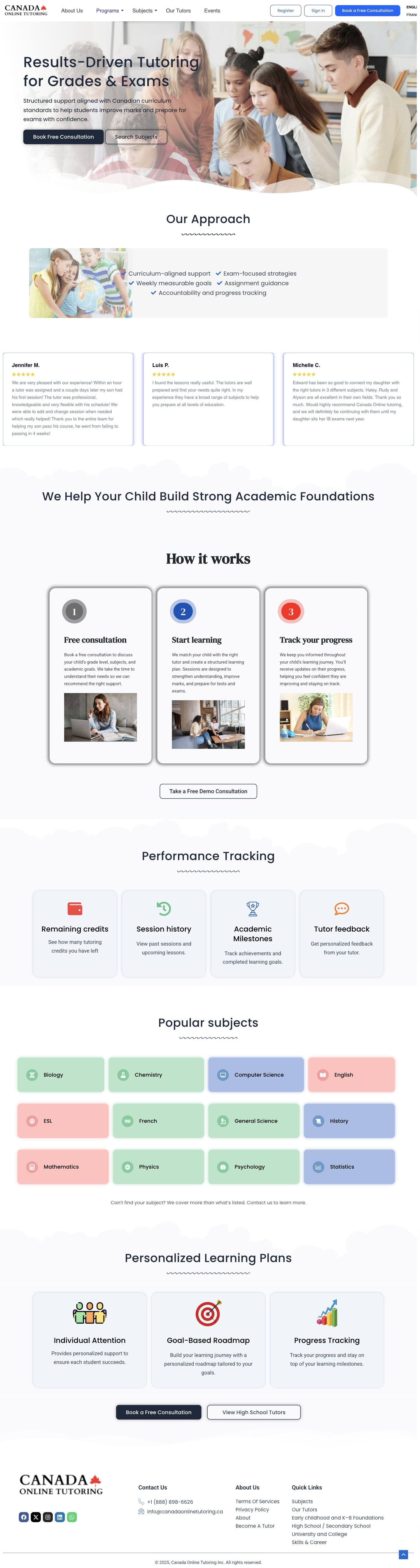 Current Canada Online Tutoring high school page, before the redesign