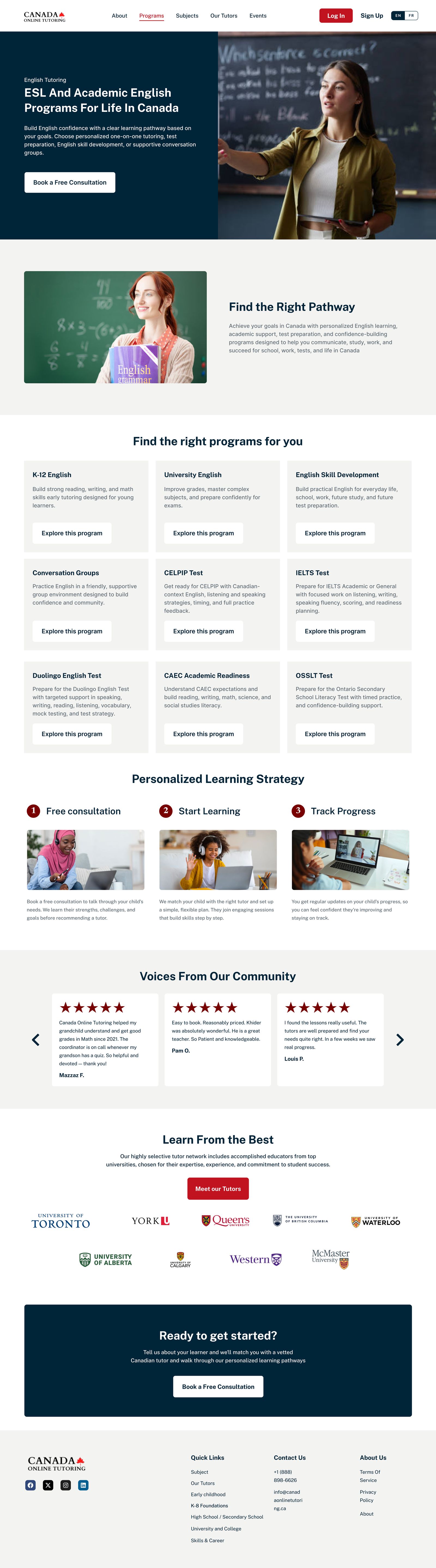 English tutoring program page — ESL and academic English pathways