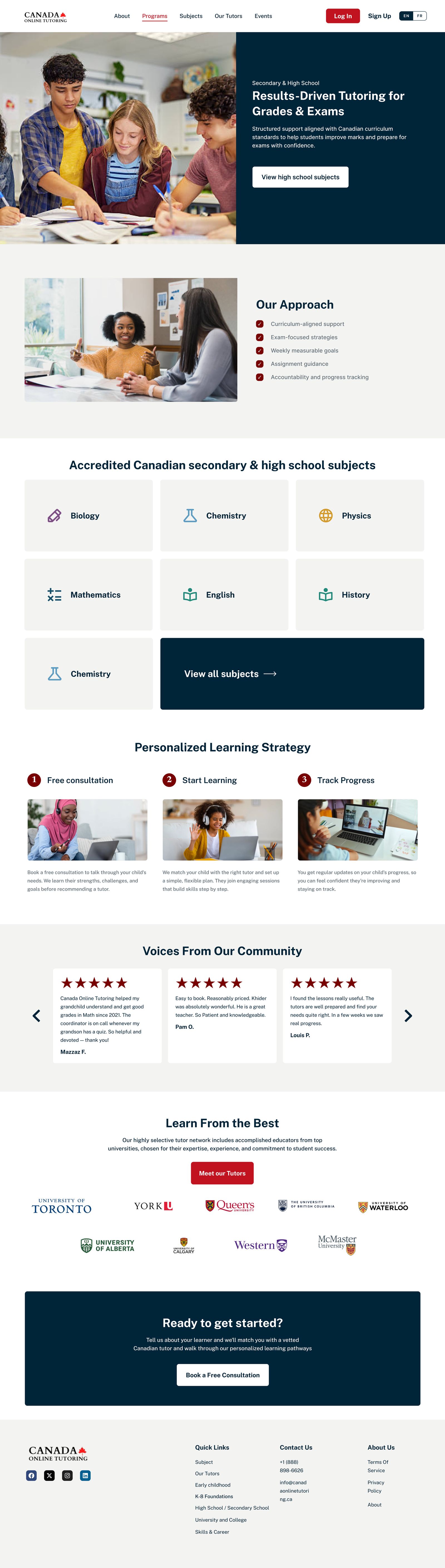 Secondary and high school program page — results-driven tutoring for grades and exams