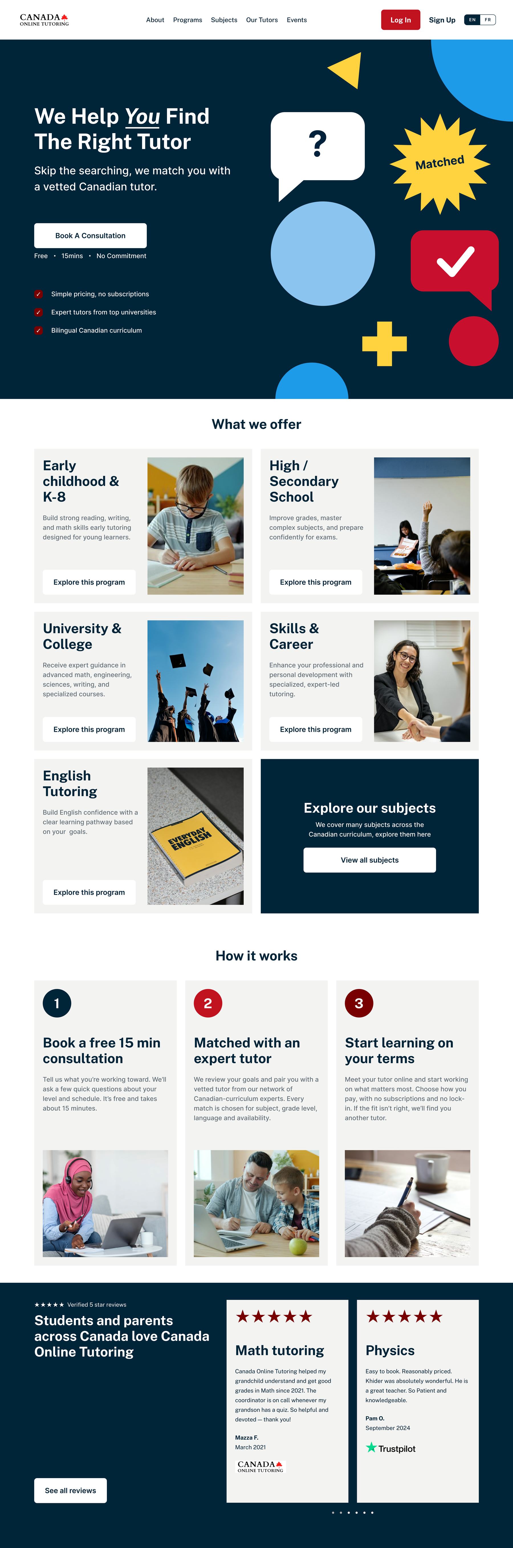 Homepage exploration with the illustrated hero, program cards, how tutoring works, and reviews