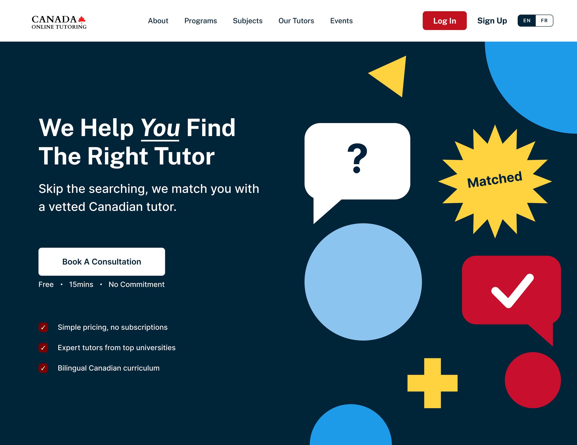 Homepage exploration with an illustrated hero of shapes, a question mark, and a matched badge