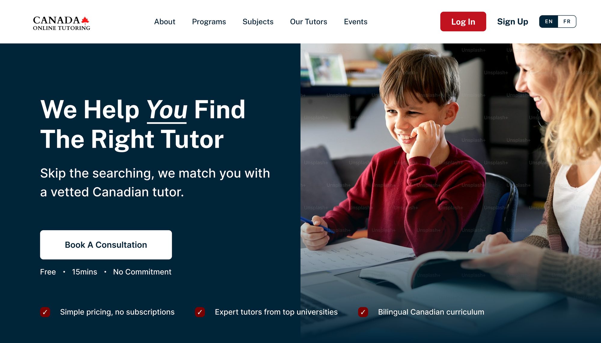 Homepage exploration with a navy headline beside a full-height photo