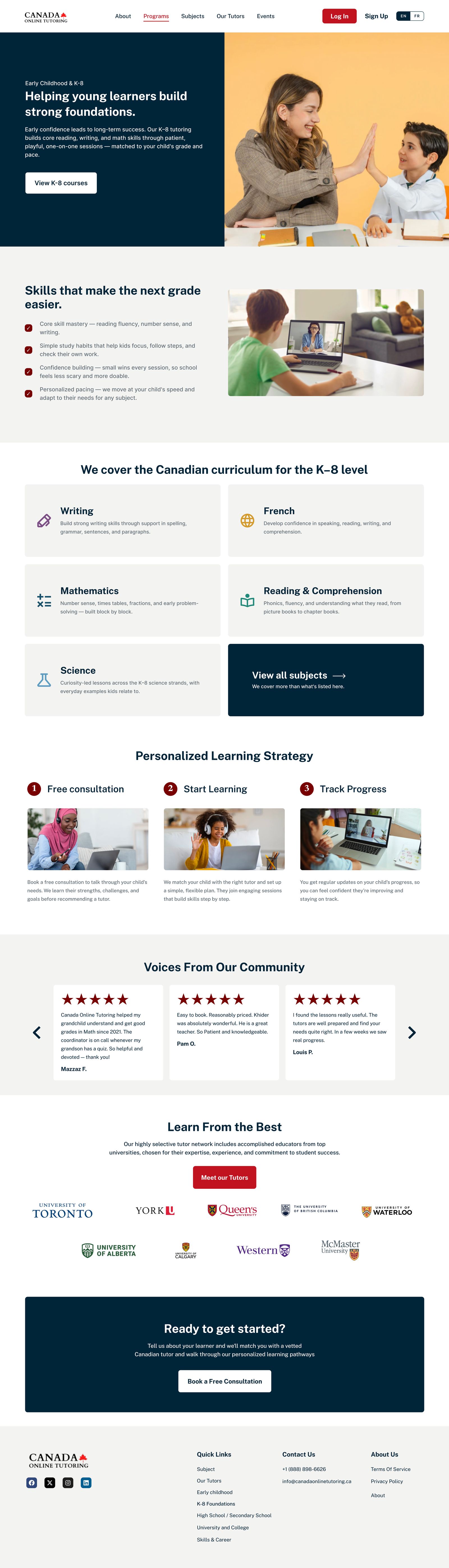 K–8 program page — foundations in writing, French, math, and reading