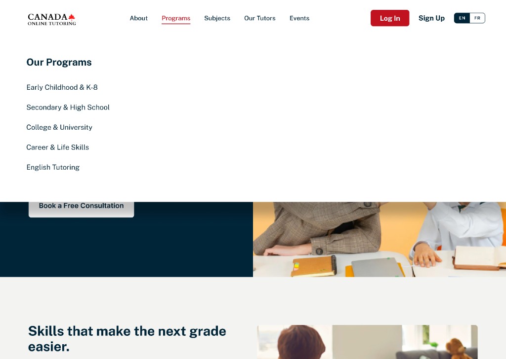 Programs menu listing Early Childhood through English Tutoring