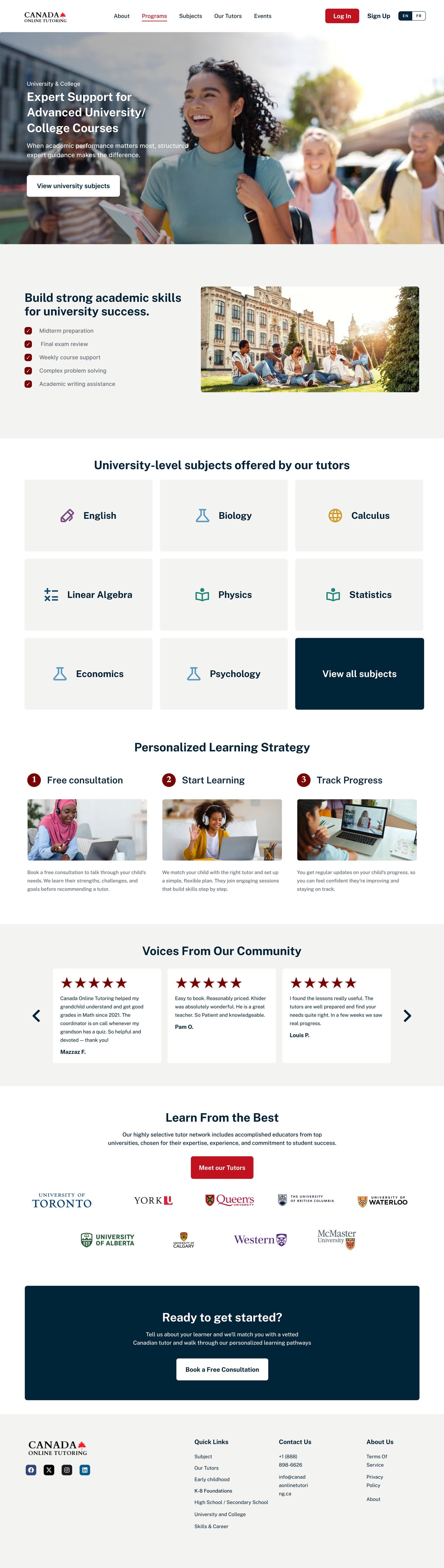 College and university program page — support for advanced courses