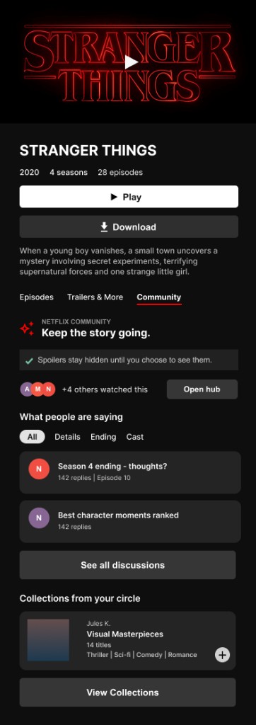 Netflix title page with a Community tab on Stranger Things