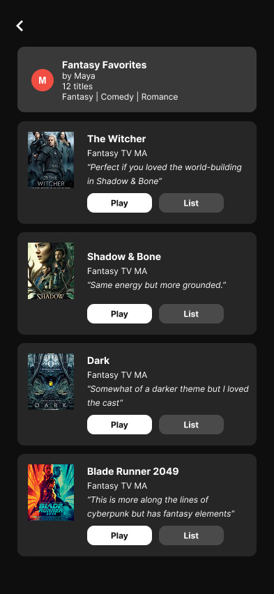 Fantasy Favorites collection with Play and My List actions