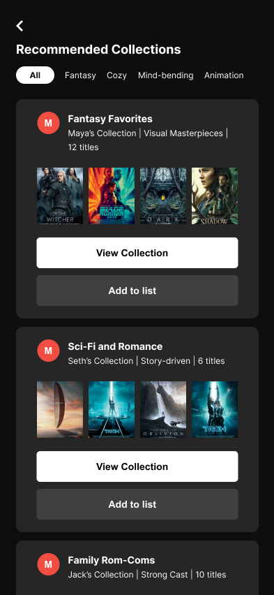 Recommended collections from a circle, filterable by mood