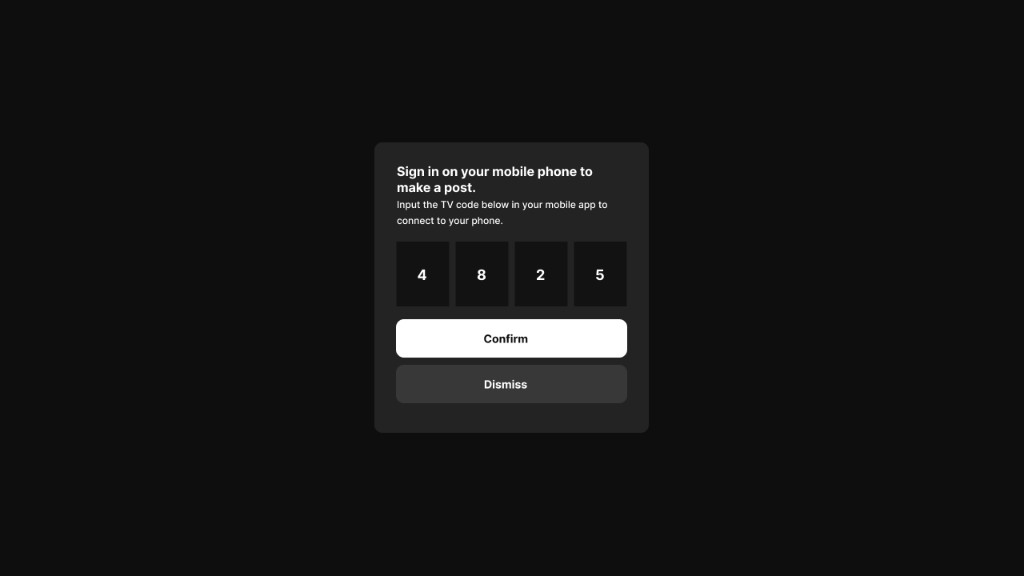 TV sign-in overlay with a code to post from a phone