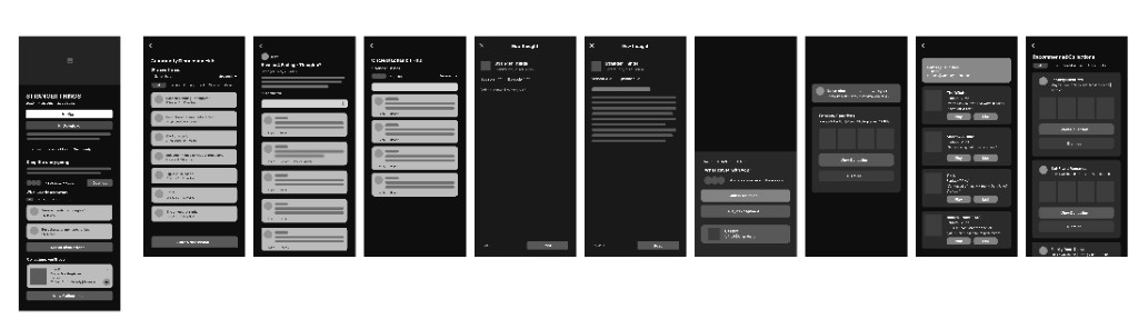 Netflix Community low-fidelity wireframes across title, hub, thread, composer, and collection screens