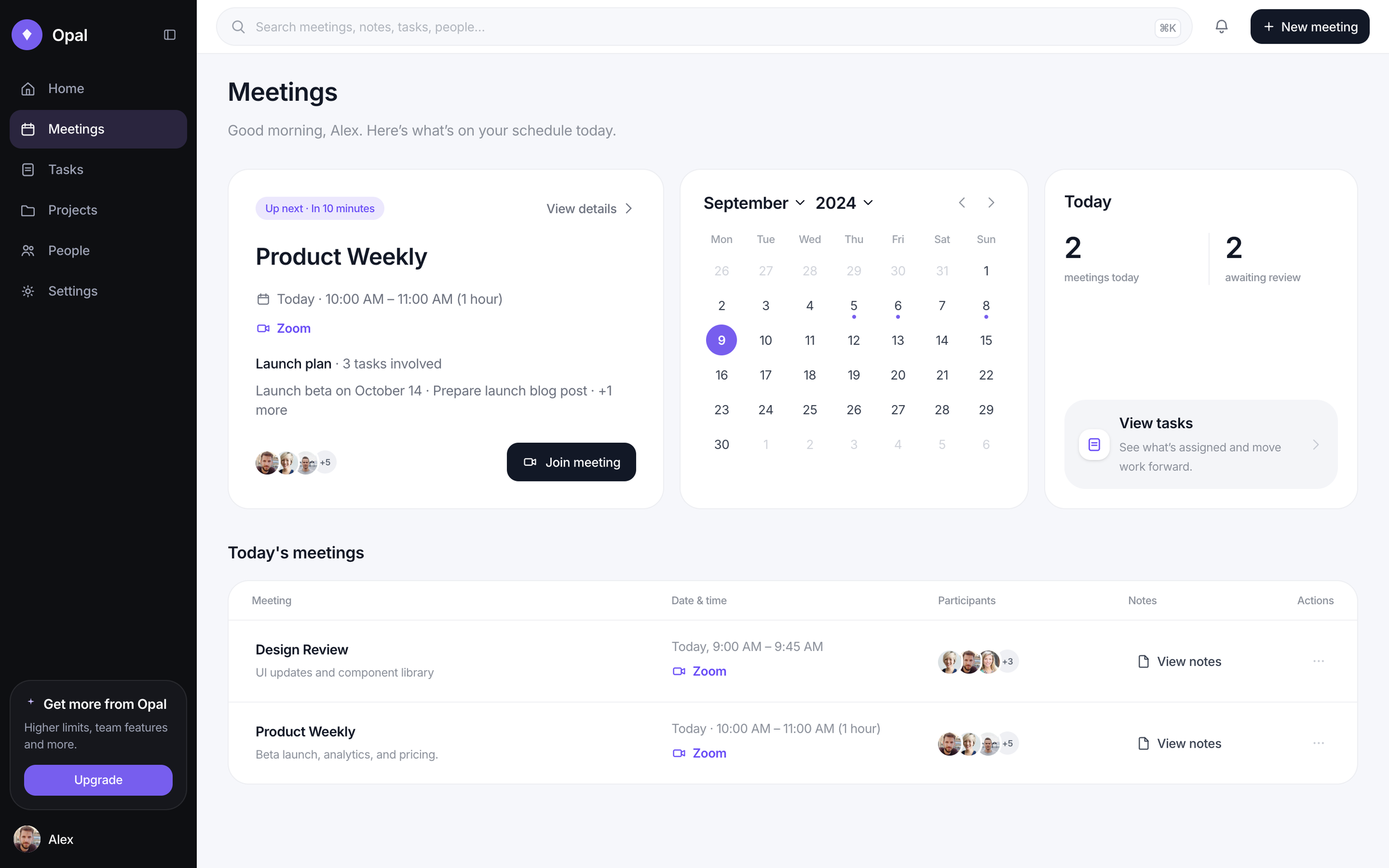 Opal meetings desktop with an up-next Product Weekly card, September calendar, today stats, and a table of today’s meetings