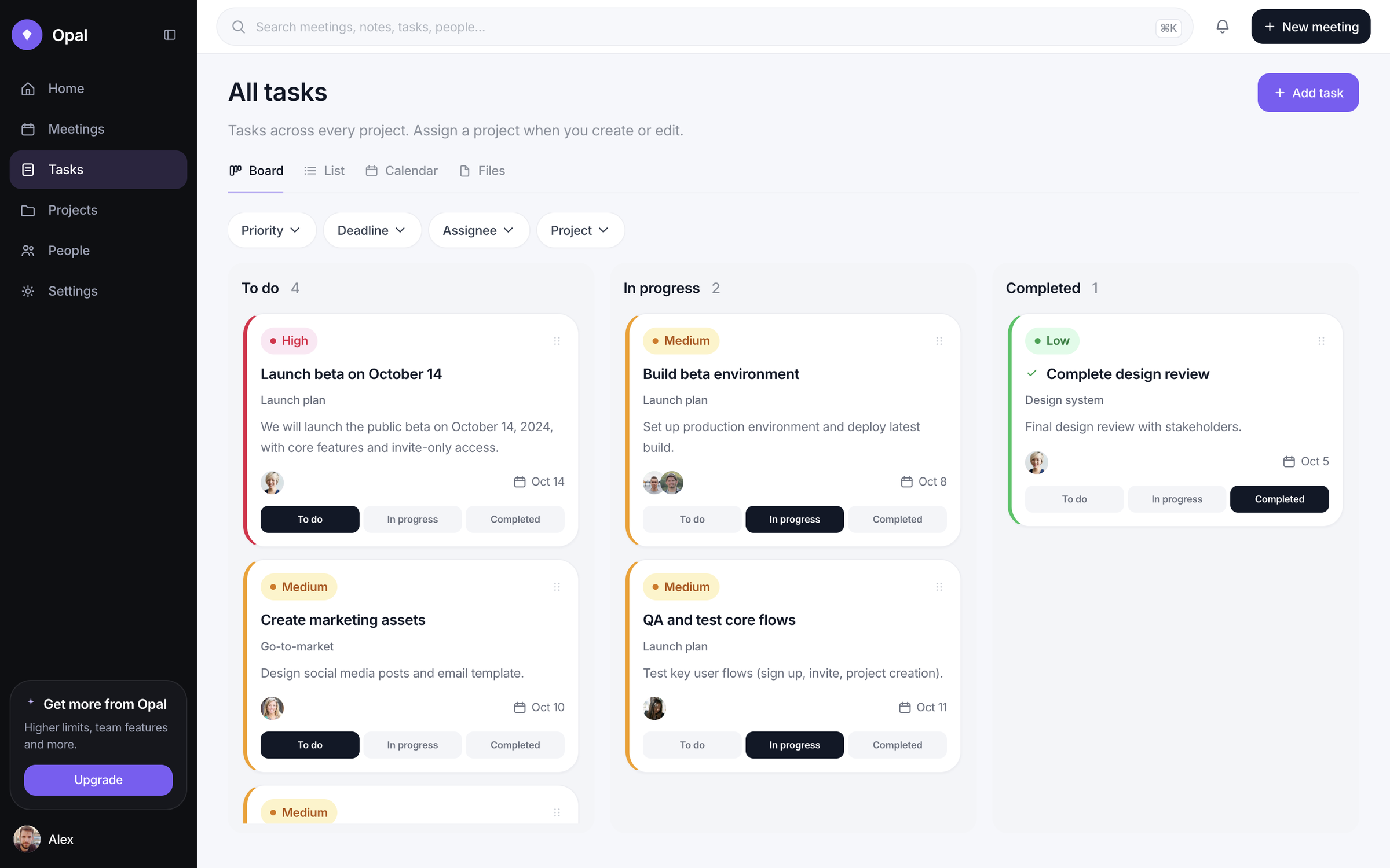 Opal tasks board with To do, In progress, and Completed columns, each card showing an assignee and due date
