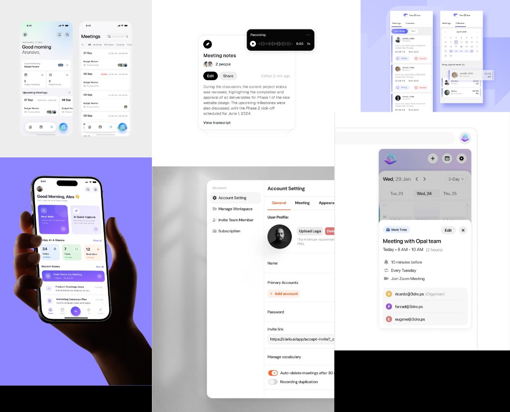 Opal moodboard combining pastel glance cards, meeting notes with a recording bar, calendar and meeting list, account settings, and a meeting detail card