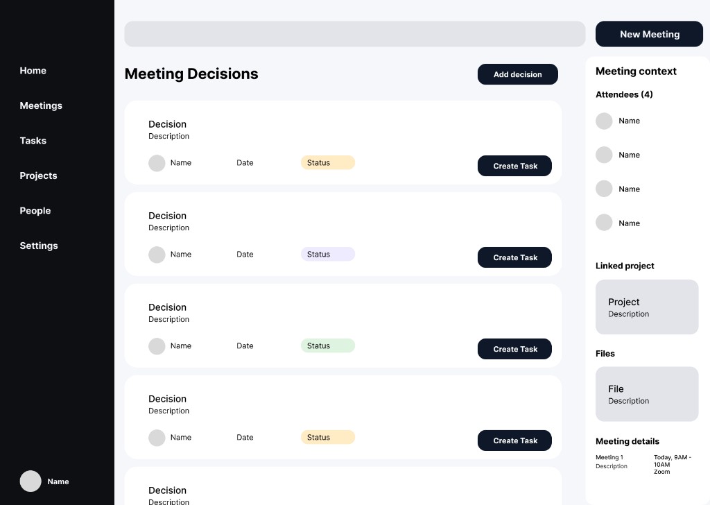 Low-fidelity desktop wireframe of Opal meeting decisions, with a dark sidebar, a list of decisions with status chips and create-task actions, and a labeled meeting-context rail for attendees, linked project, files, and meeting details