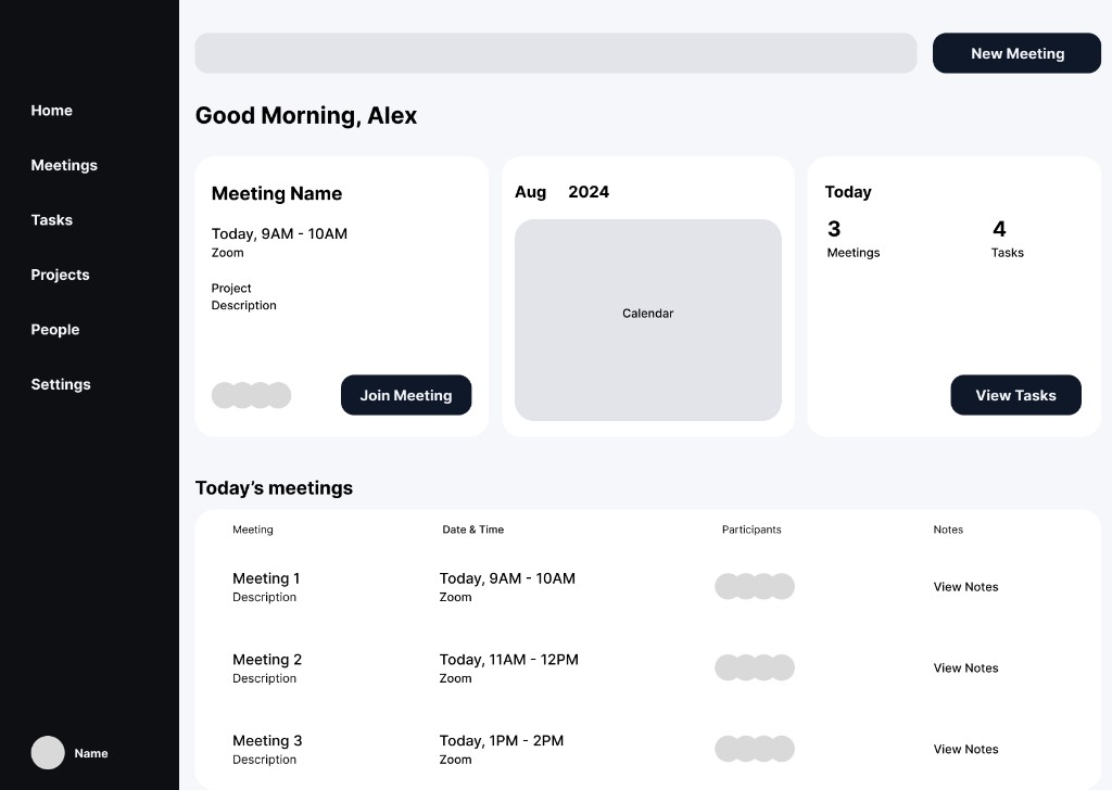 Low-fidelity desktop wireframe of Opal’s meetings home, with a dark sidebar, up-next meeting card, calendar, today stats, and a table of today’s meetings