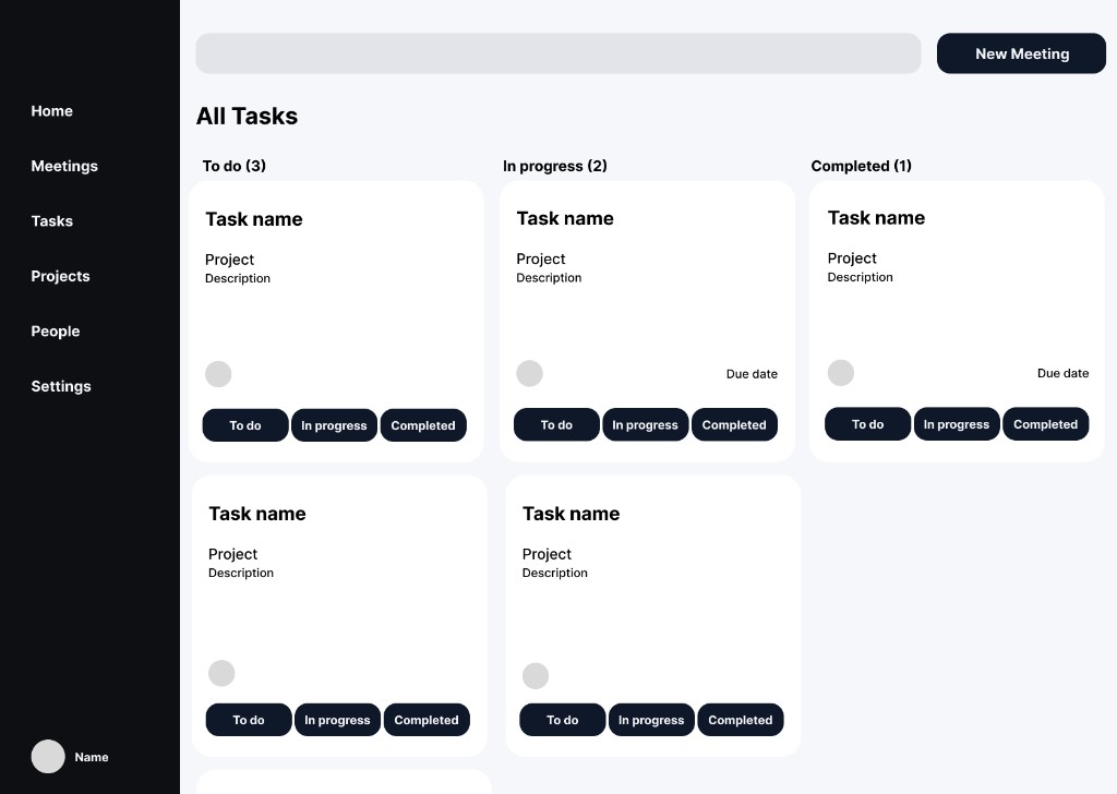 Low-fidelity desktop wireframe of Opal’s all-tasks board, with to-do, in-progress, and completed columns, an assignee on each card, and status buttons