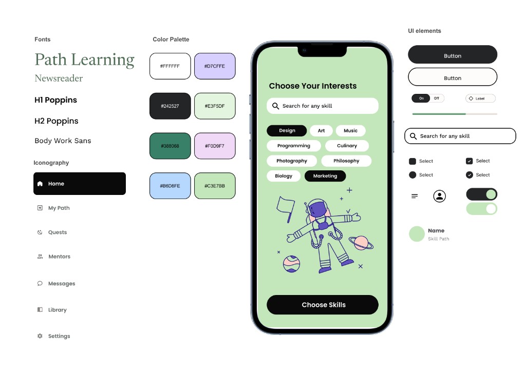 Path Learning brand system — Newsreader wordmark, Poppins headlines, palette, iconography, and UI