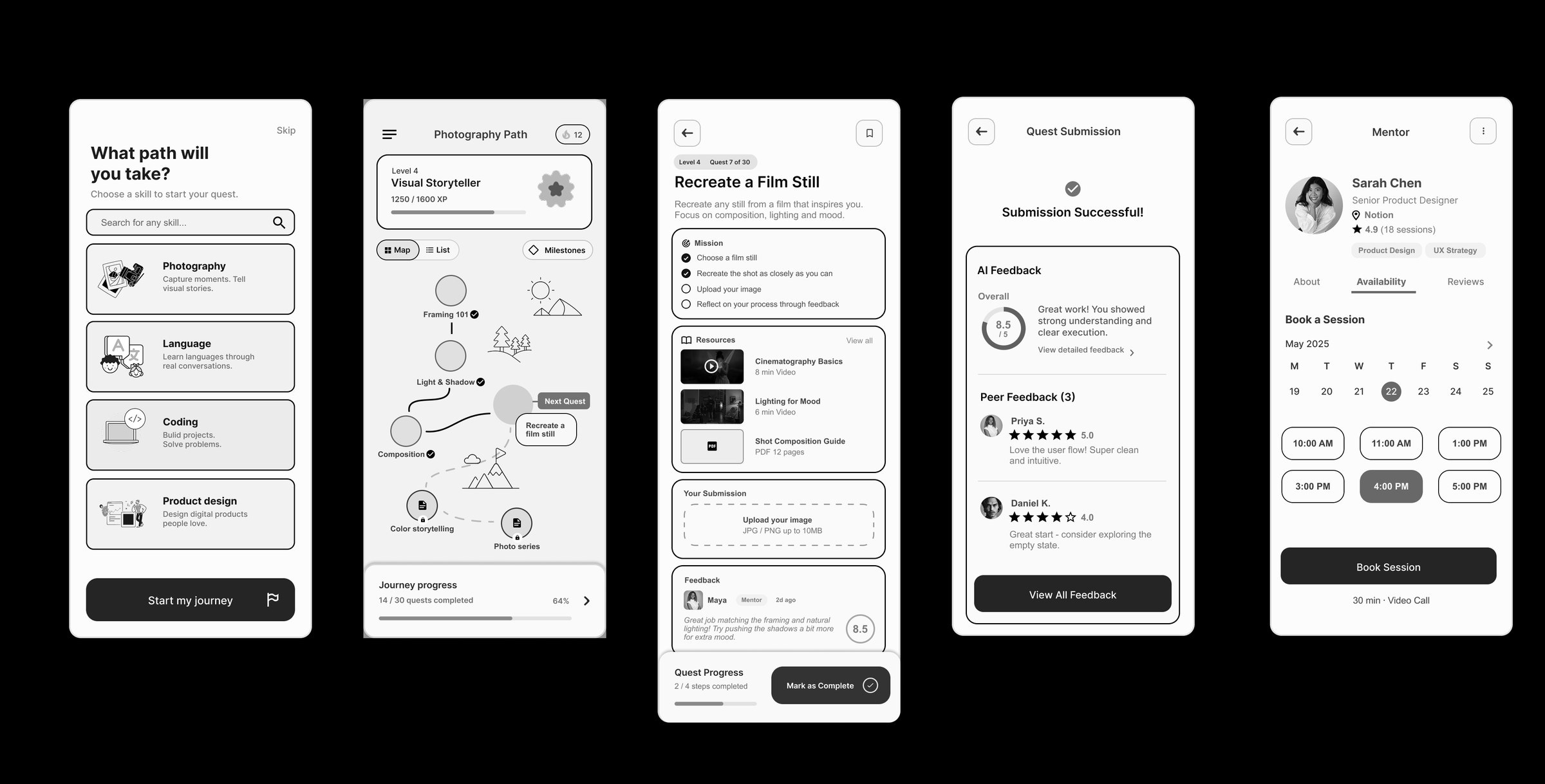 Path Learning grayscale screens — skill selection, photography path, lesson, submission, and mentor booking