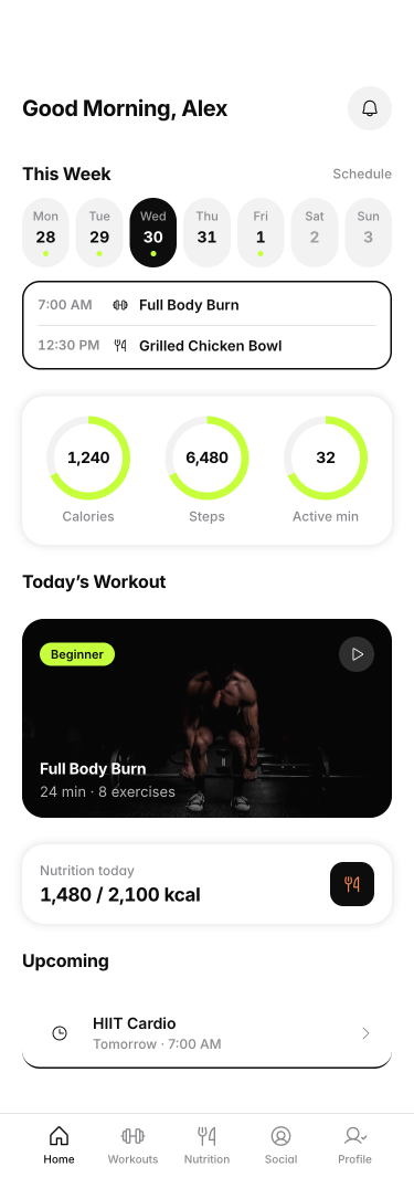 PulseFit home dashboard