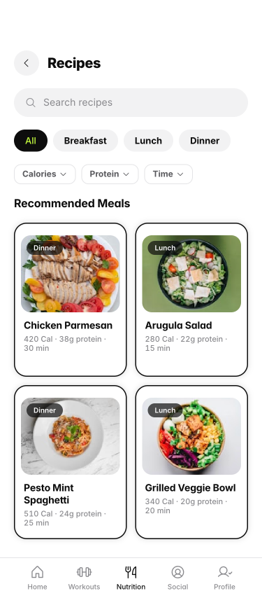 PulseFit recipes screen