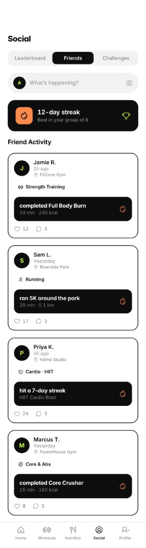 PulseFit friends feed