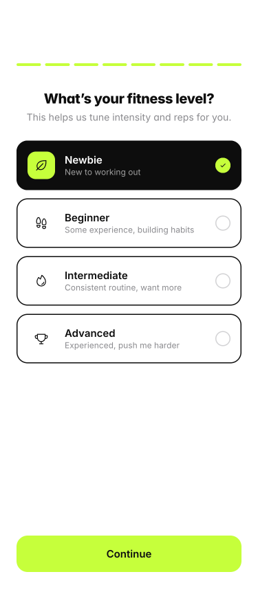 PulseFit onboarding — fitness level quiz