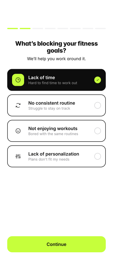 PulseFit onboarding — fitness blockers quiz