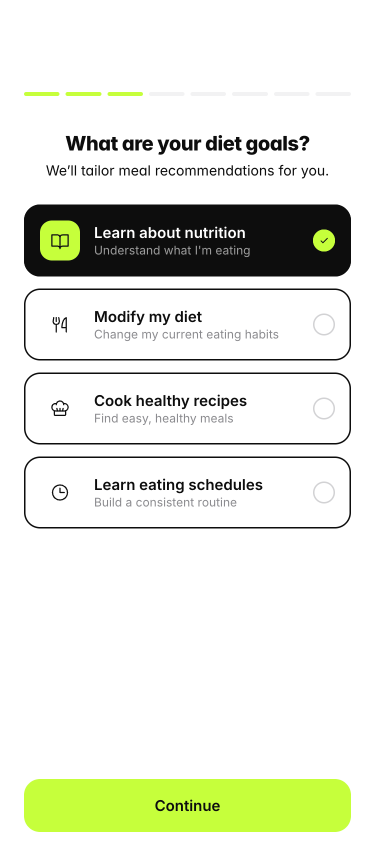 PulseFit onboarding — diet goals quiz