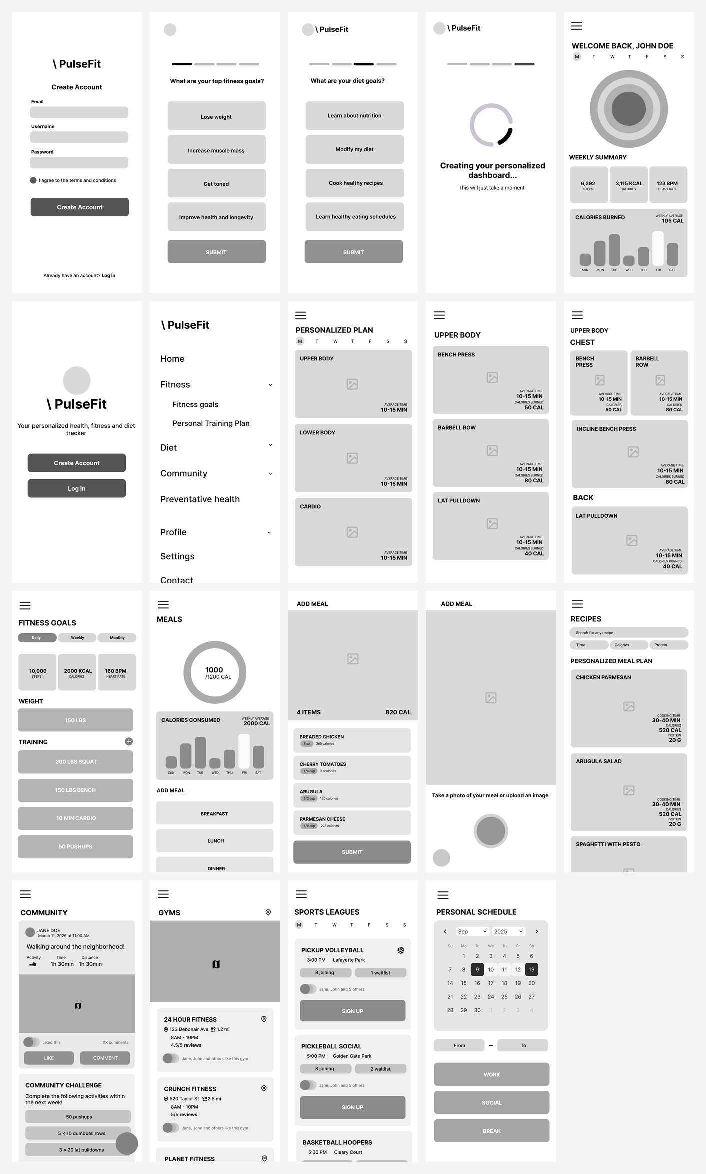 PulseFit low-fidelity wireframes — full screen set